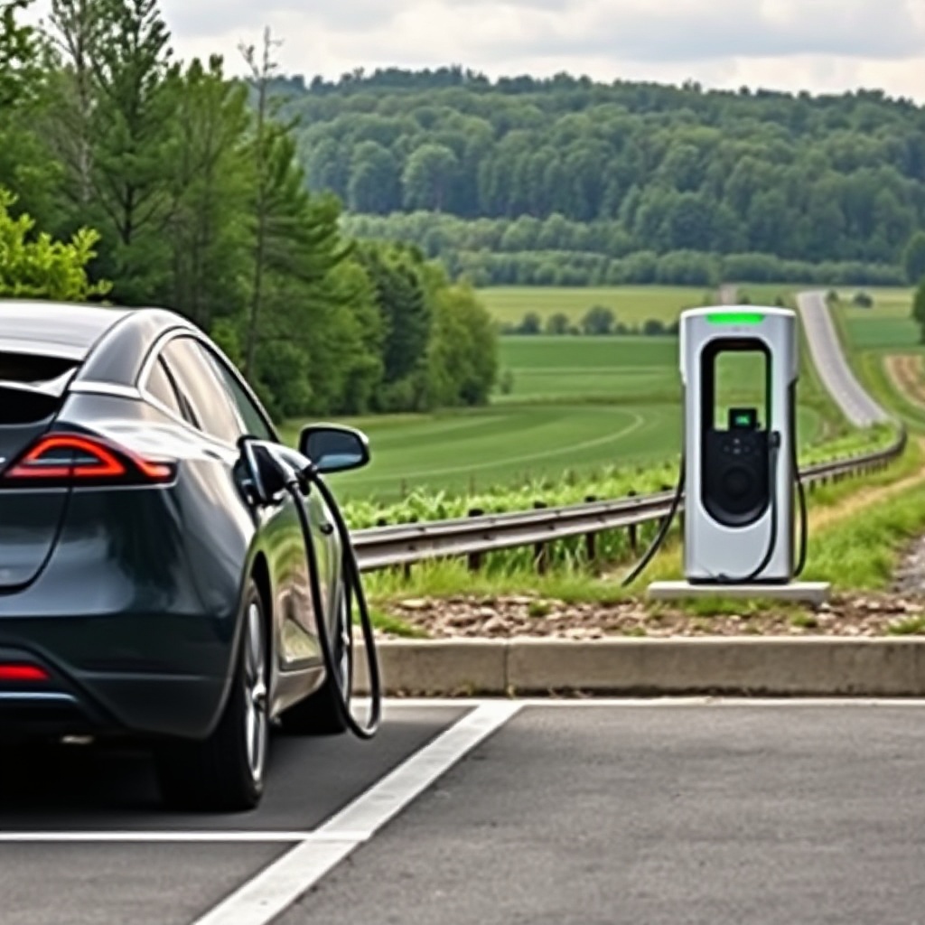An electric vehicle charging at a modern Zero 60™ DC fast-charging station alongside a Wisconsin highway with green farmland and forests in the background.