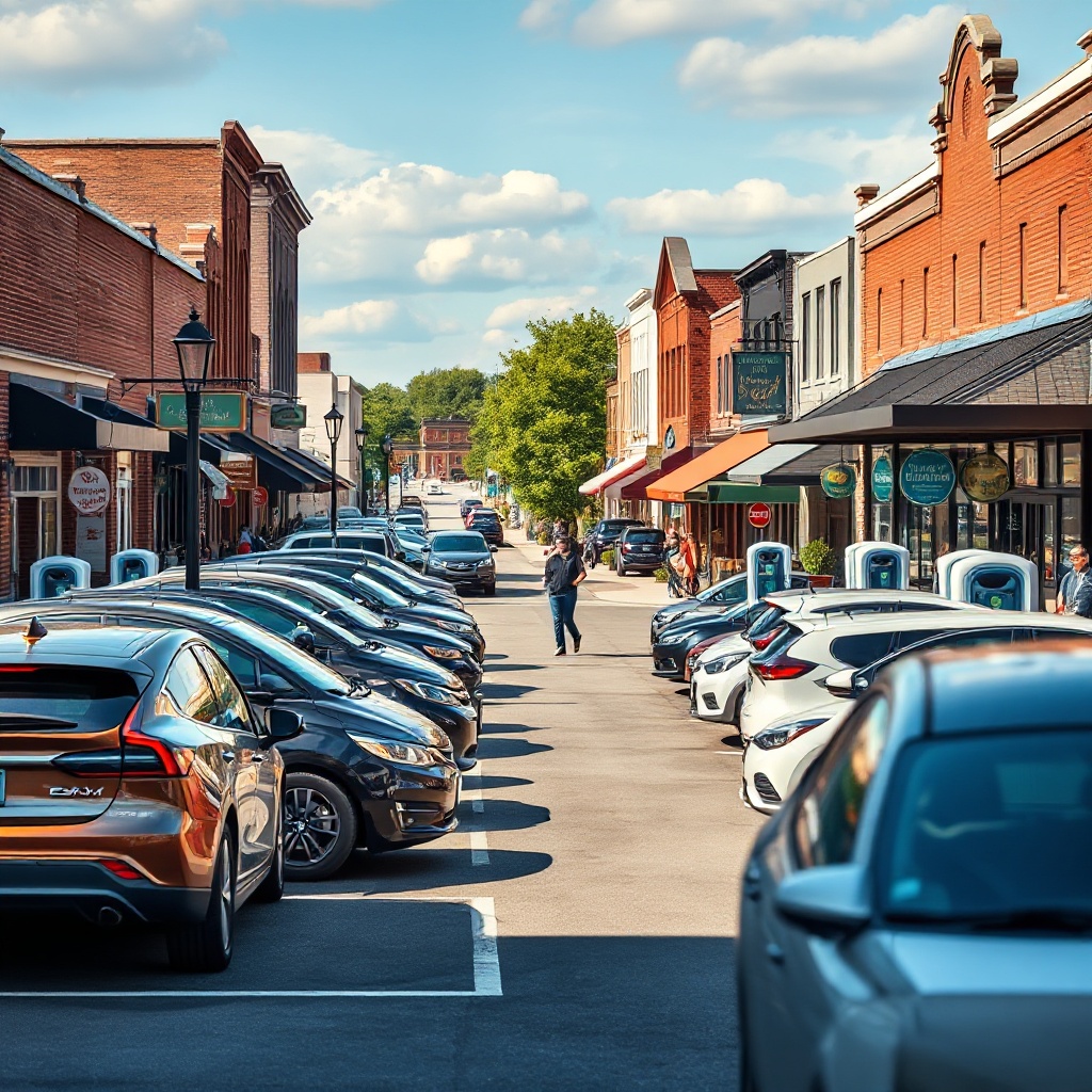 A bustling shopping district in a Wisconsin town with multiple electric vehicles parked at charging stations while their owners visit nearby local businesses and restaurants.