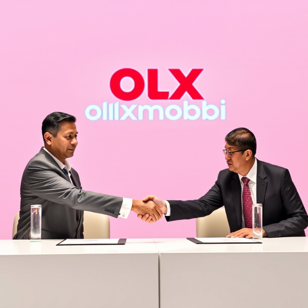 Toyota and Astra executives shaking hands at a formal signing ceremony with the OLXmobbi logo displayed prominently in the background