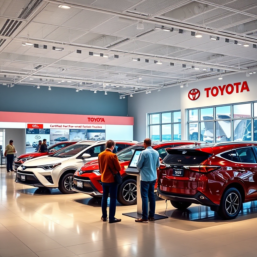 A modern digital showroom displaying certified pre-owned Toyota vehicles with customers using digital kiosks to browse inventory