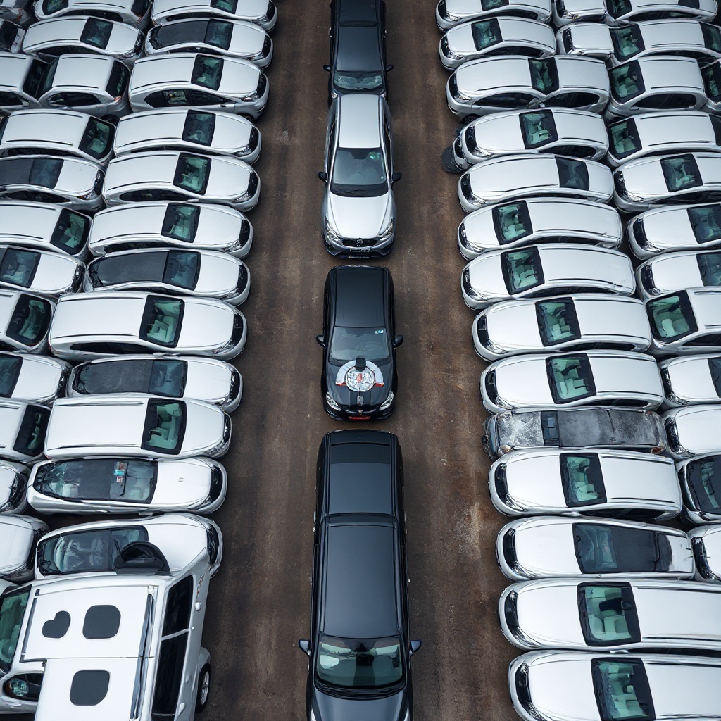 Aerial view of a large used car facility in Indonesia with hundreds of vehicles arranged neatly, showing the scale of OLXmobbi's operations