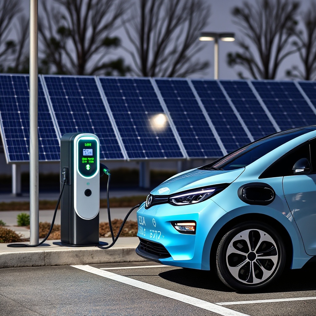 A modern electric vehicle charging at a public charging station, with solar panels visible in the background, symbolizing the connection between renewable energy and electric transportation.