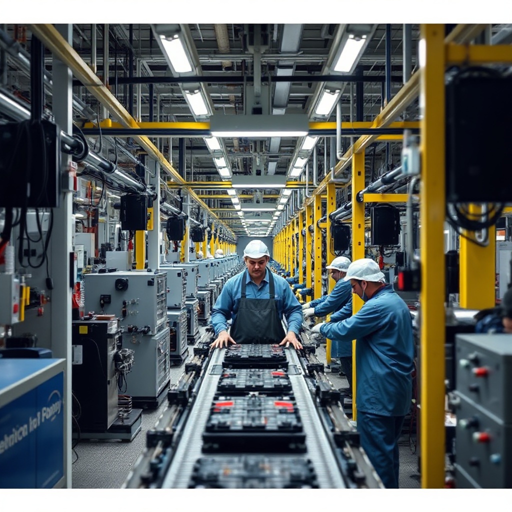 A manufacturing line in an American electric vehicle battery factory, showing workers and automated systems assembling battery components, representing the push for domestic battery production.