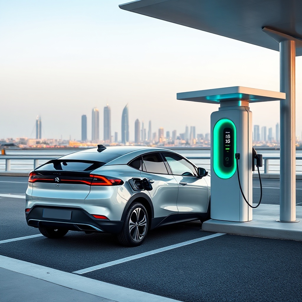 An electric vehicle charging at a modern charging station in Muscat, Oman, with the city skyline visible in the background.