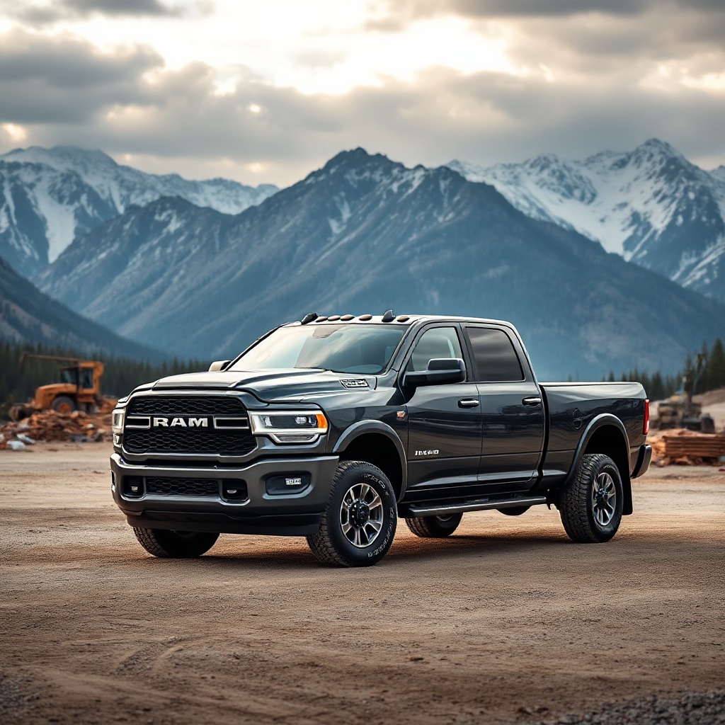 A modern Ram Heavy Duty pickup truck on a construction site with a dramatic mountain backdrop, emphasizing the work capability of these vehicles.