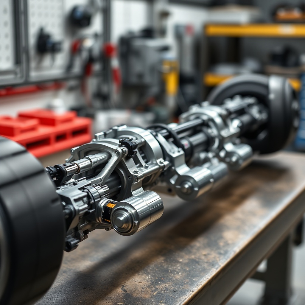 Close-up of an electric vehicle axle system with integrated motors (e-beam technology) displayed as a technical component on a workbench.