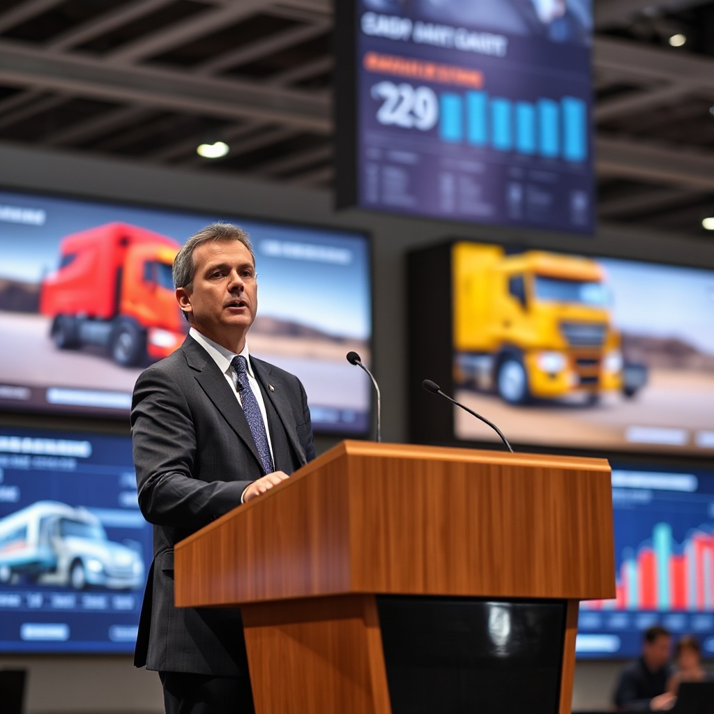 A Stellantis executive in a business suit standing at a podium with large screens showing truck designs and market data in the background.