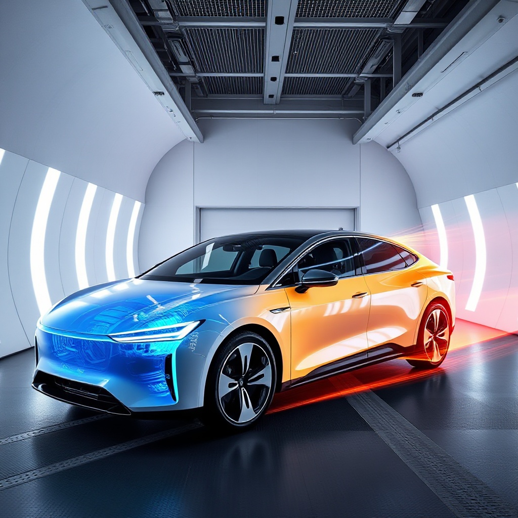 A sleek Avatr 12 electric sedan in a professional wind tunnel facility with visible airflow visualization patterns around the vehicle's body, highlighting aerodynamic testing in action.