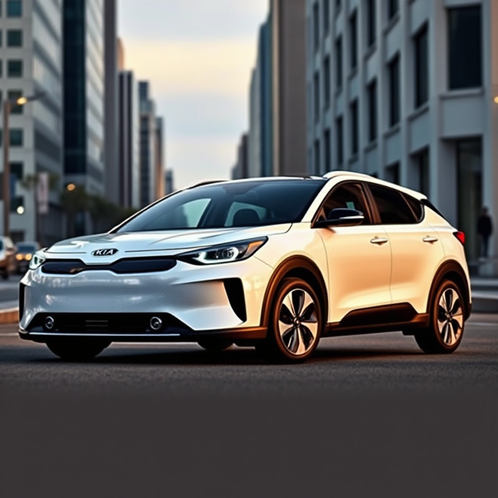 Side profile of the sleek Kia EV4 sedan showcasing its aerodynamic silhouette, distinctive dual roof spoiler, and modern Tiger Face front design against an urban backdrop.