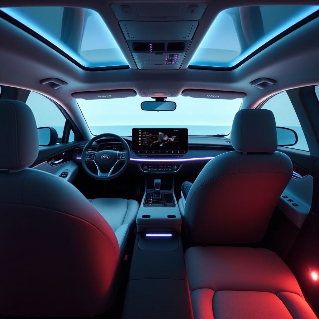 Interior view of the Kia EV4 highlighting the futuristic 30-inch Ultra-wide Panoramic Display, first-row relaxation seats, and ambient lighting in a premium cabin setting.