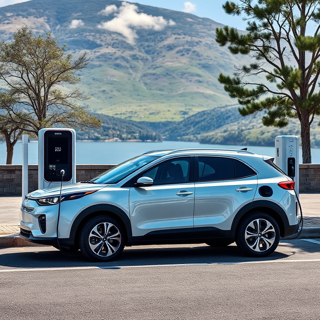 Kia EV4 connected to a DC fast charging station in a scenic location, emphasizing its rapid charging capability and mobility freedom with real-world context.