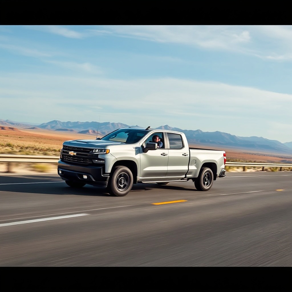 A Chevrolet Silverado EV Work Truck driving on an open highway with vast landscapes in the background, emphasizing its long-range capabilities.