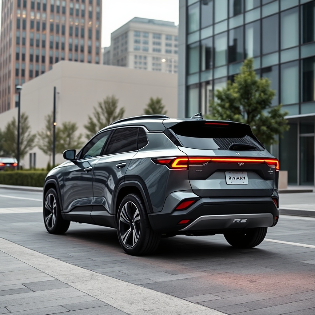 A sleek Rivian R2 midsize electric SUV, shown in profile against a modern urban backdrop, highlighting its compact yet powerful stance and distinctive lighting signature.