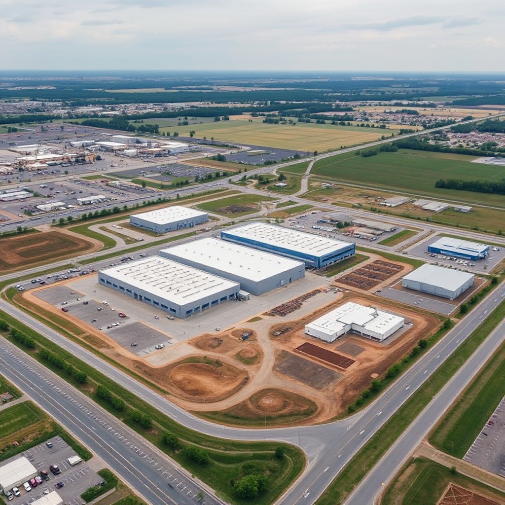 Aerial view of Rivian's expanding manufacturing campus in Normal, Illinois, showing the main production facility, the new supplier park under construction, and surrounding infrastructure.