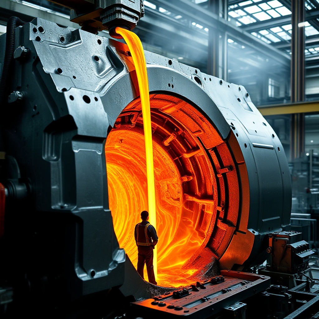 Close-up of Rivian's innovative large-scale die casting manufacturing process, with molten aluminum being poured into massive molds that will form the structural components of the R2 platform.