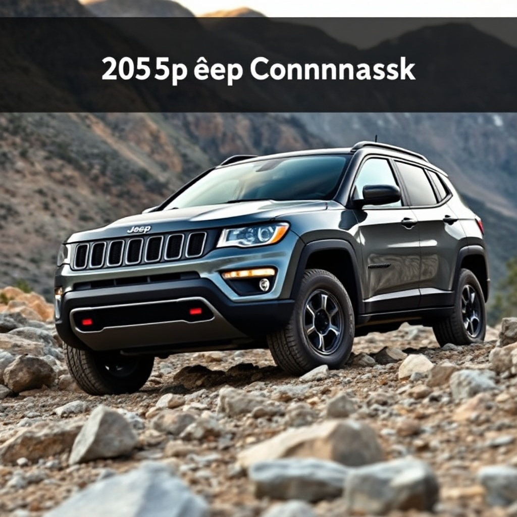 A 2025 Jeep Compass in Trailhawk trim navigating rocky terrain, showcasing its off-road capability with the iconic seven-slot grille prominently displayed against a mountain backdrop.