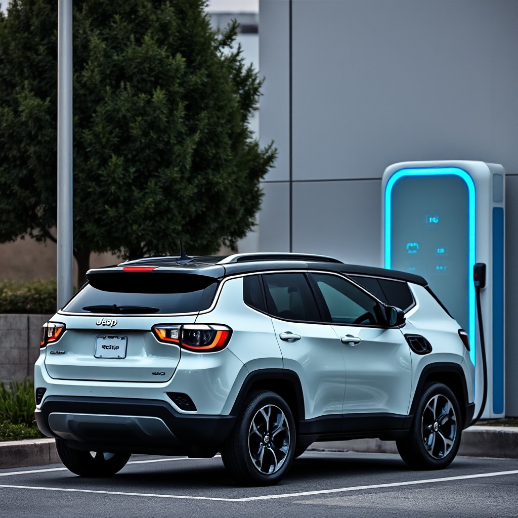 Side profile of the electric 2025 Jeep Compass parked at a charging station, highlighting its aerodynamic design, with subtle blue accents indicating its electric powertrain.