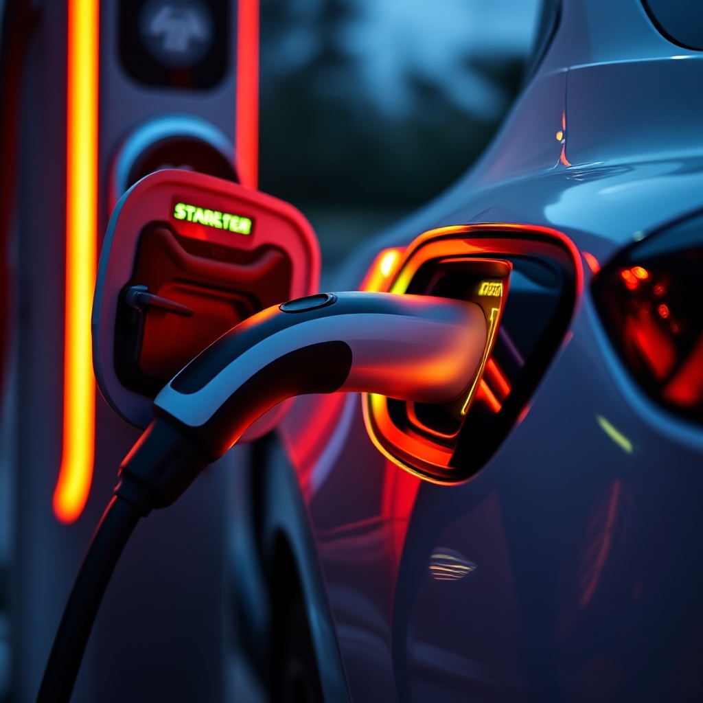 Close-up of an electric vehicle being connected to an ultra-fast DC charging station, with illuminated status indicators showing the charging process in progress