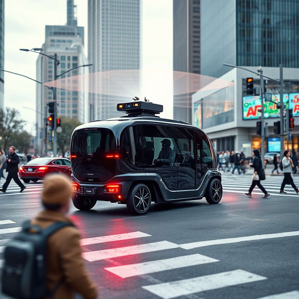 A modern autonomous vehicle with visible multi-sensor array including LiDAR, cameras, and radar units, scanning a busy urban intersection with pedestrians and other vehicles.