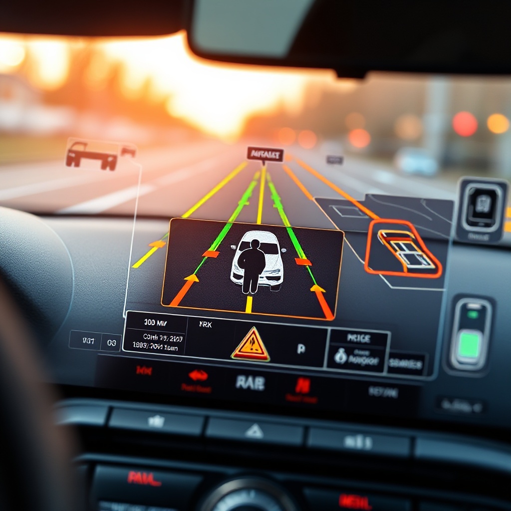 Close-up of an automotive sensor fusion control unit with multiple sensor inputs being processed in real-time, showing data visualization of the vehicle's surroundings with identified objects and potential hazards.
