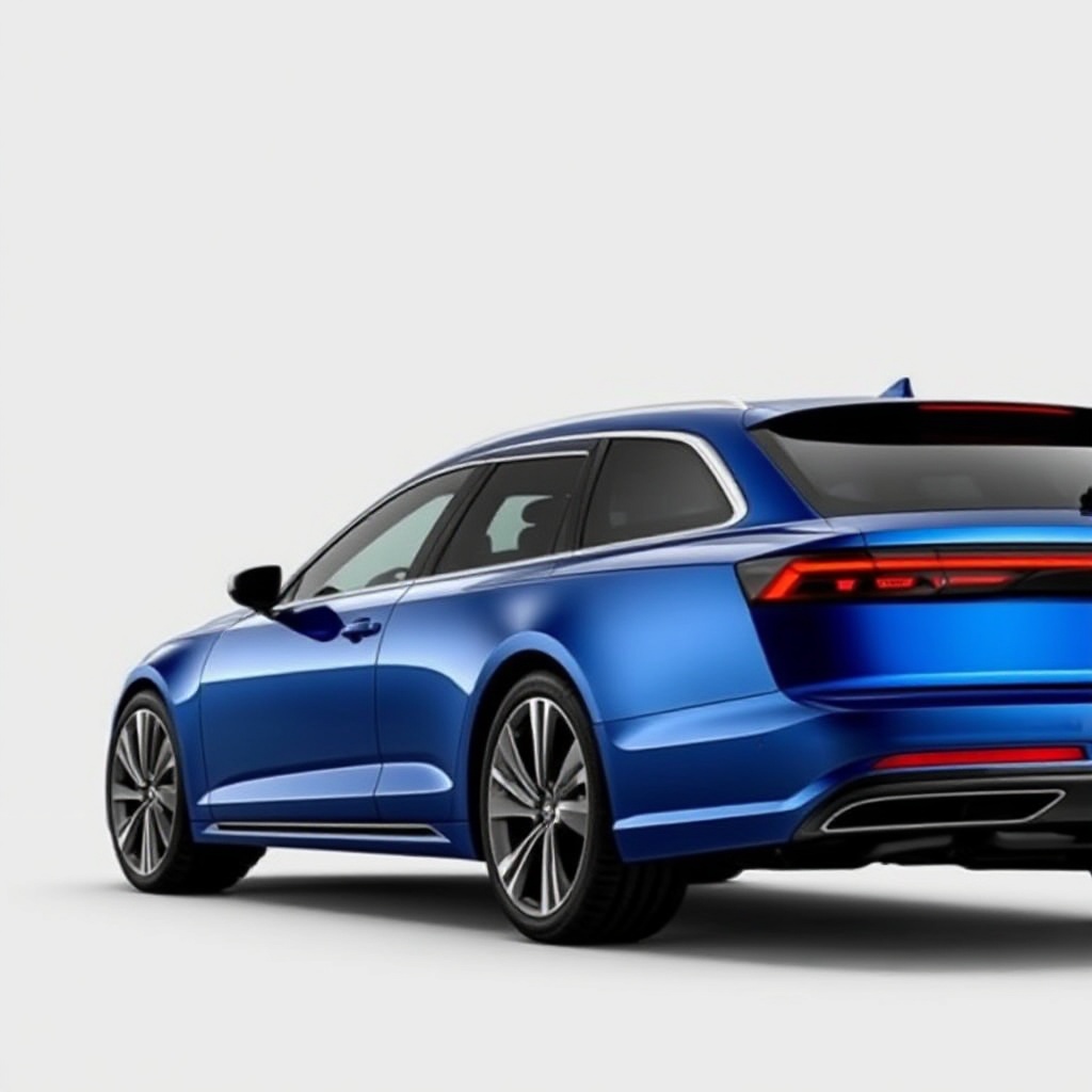 A dynamic side profile of the 2025 Audi A6 Avant e-hybrid quattro in metallic blue, showcasing its sleek wagon silhouette with S line exterior styling, illuminated matrix LED headlights, and distinctive red brake calipers.