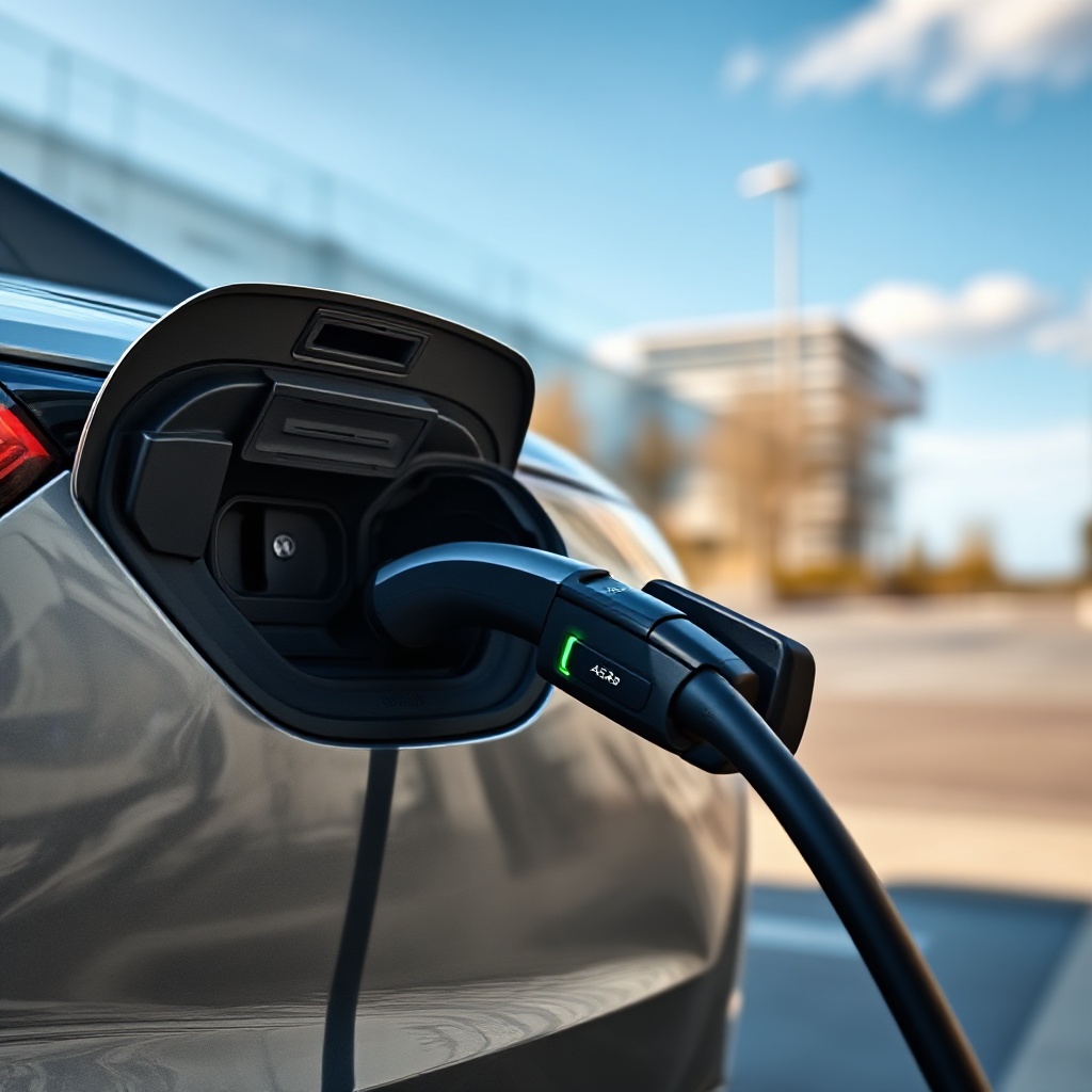 A close-up view of the 2025 Audi A6 sedan e-hybrid quattro's charging port open with charging cable connected, highlighting the vehicle's electrified nature against a modern urban background.