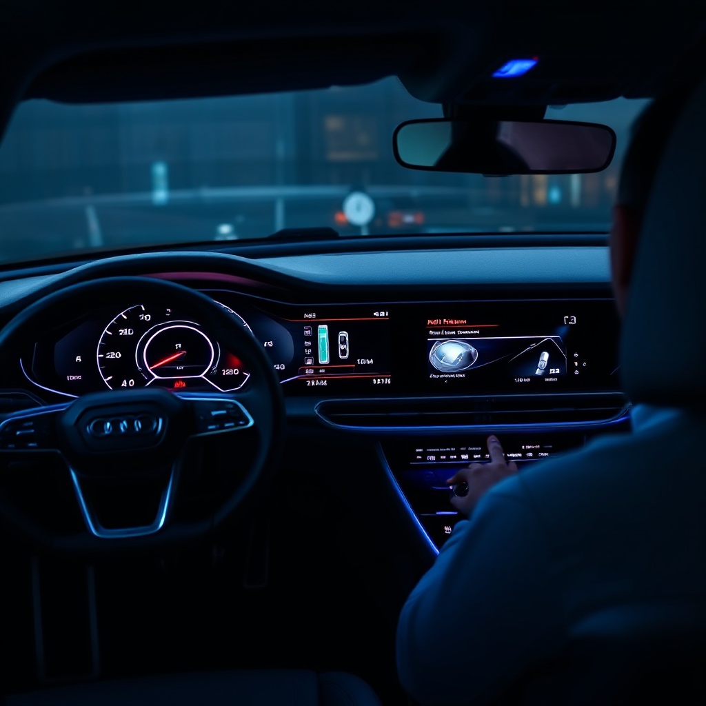 Interior dashboard view of the 2025 Audi A6 PHEV showing the digital instrument cluster displaying hybrid system information, MMI touchscreen, and premium cabin materials with ambient lighting.