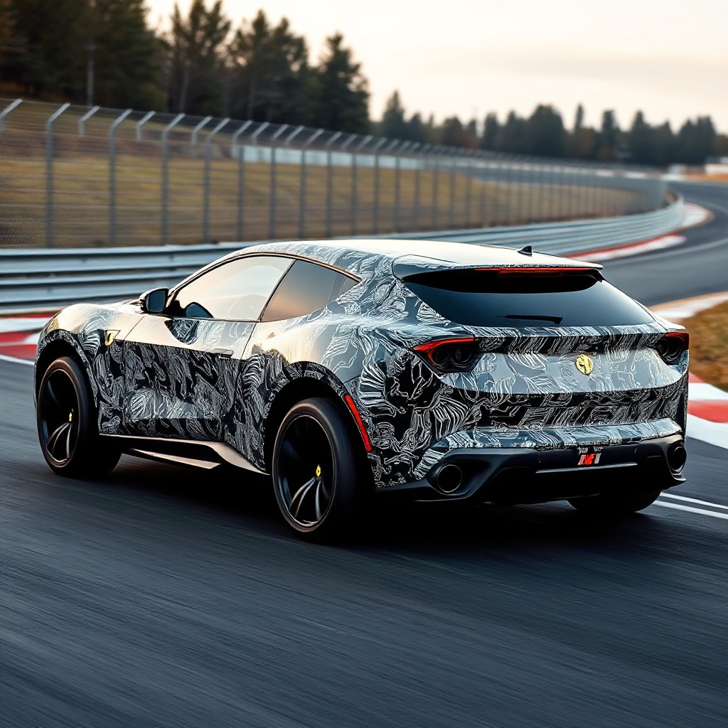 A sleek Ferrari prototype electric vehicle with SUV-like proportions being tested on a track, showing the camouflaged body with distinctive Ferrari design elements and large wheels.