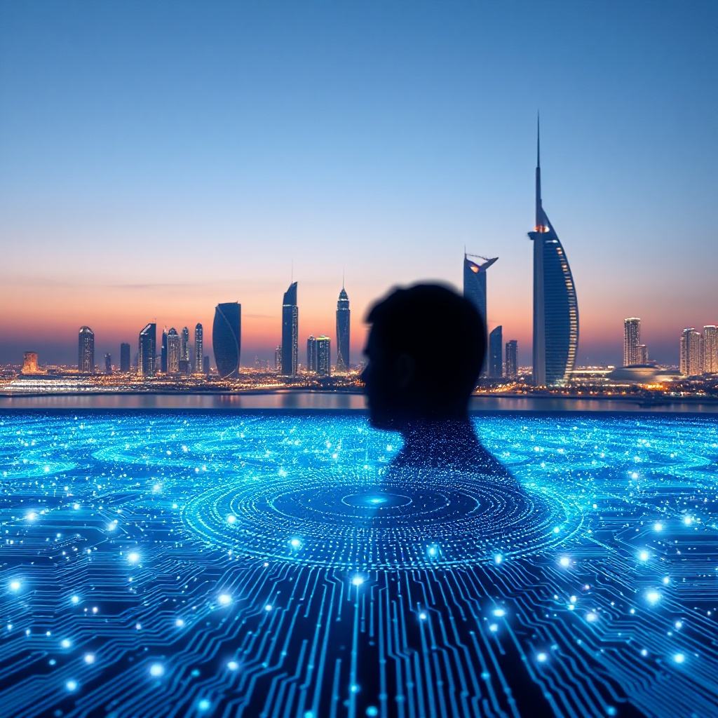 A futuristic visualization of quantum computing technology with glowing qubits and circuit patterns, set against the Abu Dhabi skyline at dusk, symbolizing the intersection of advanced technology and Middle Eastern innovation.