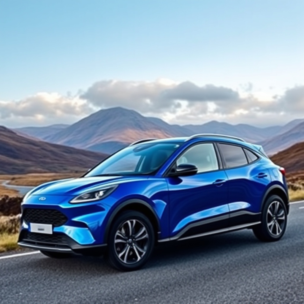 A gleaming new Ford Puma SUV in vibrant blue, parked on a scenic Scottish highland road with mountains in the background.