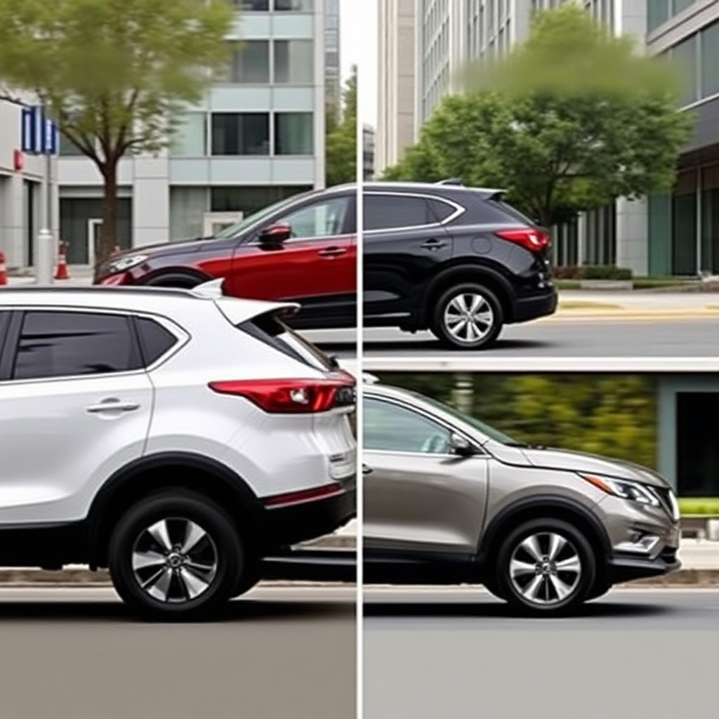 Side-by-side comparison of the Kia Sportage and Nissan Qashqai in an urban setting, showcasing their distinctive crossover profiles.