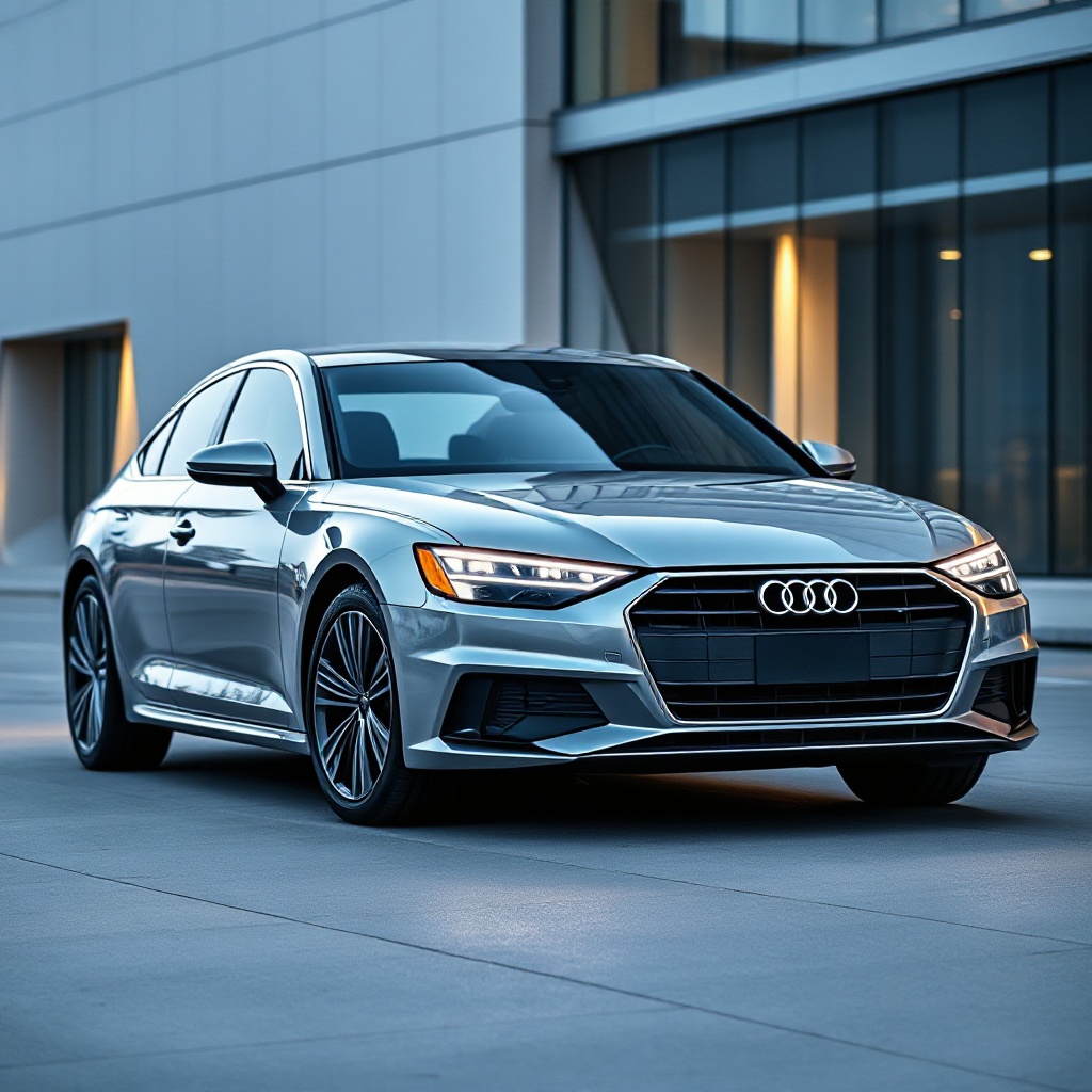 A sleek silver 2025 Audi A6 sedan with its distinctive LED headlights illuminated, photographed at a three-quarter front angle against a modern architectural background, showing its elegant proportions and design details.