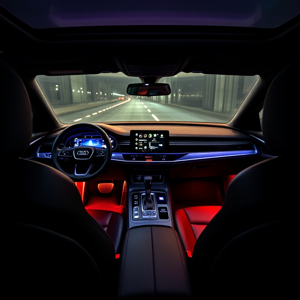 The interior of the 2025 Audi A6 Prestige trim, featuring the dual touchscreen setup, Virtual Cockpit display, and premium leather seating, illuminated with ambient lighting in a dark setting to highlight the luxury materials and technology.