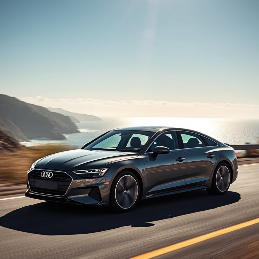 A dynamic shot of the 2025 Audi A6 e-tron in motion on a coastal road, showing its unique electric vehicle styling elements, with dramatic lighting that emphasizes its aerodynamic silhouette and electric powertrain capabilities.