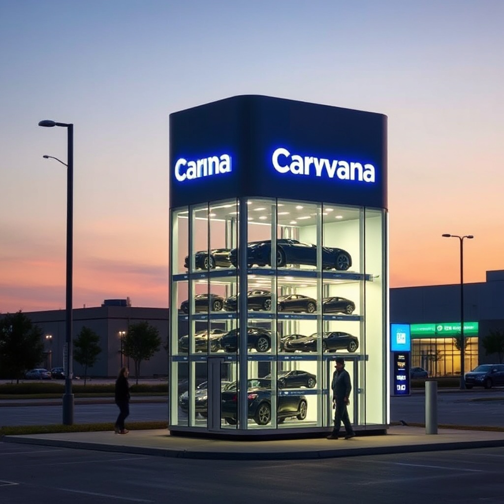 A sleek, modern Carvana car vending machine tower illuminated at dusk with cars displayed inside the glass structure, symbolizing the company's innovative approach to car sales.