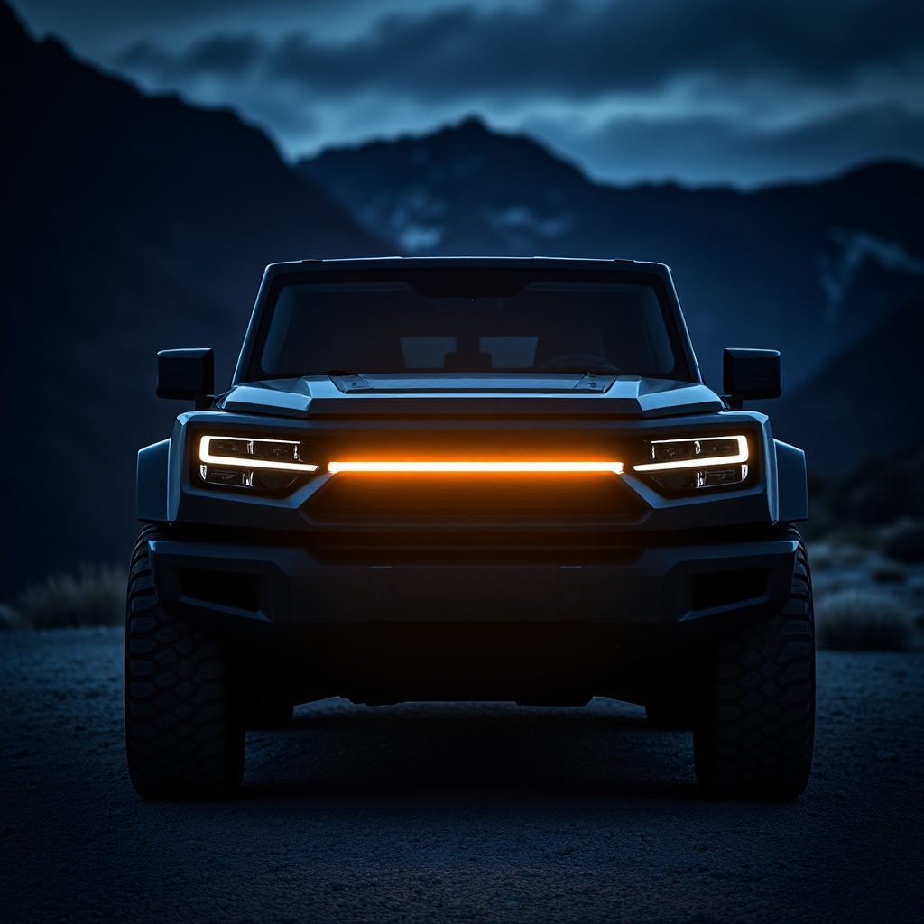 A Rivian R2 validation build vehicle in dramatic lighting, showing its rugged design and distinctive front lighting signature against a mountainous backdrop, emphasizing its adventure-ready capabilities.