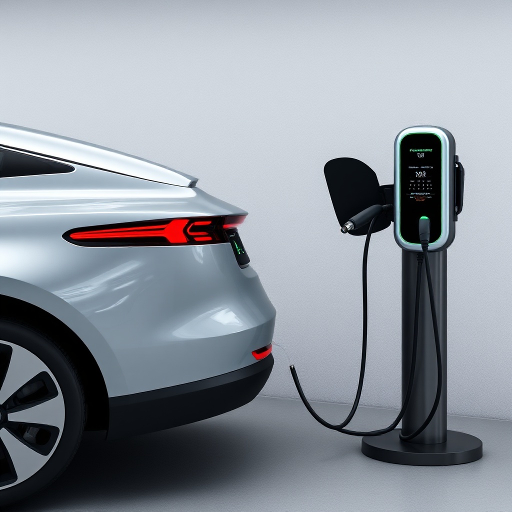 A sleek, modern electric vehicle connected to an 800V ultra-fast charging station with visible thin cables, showing a digital display indicating rapid charging progress.