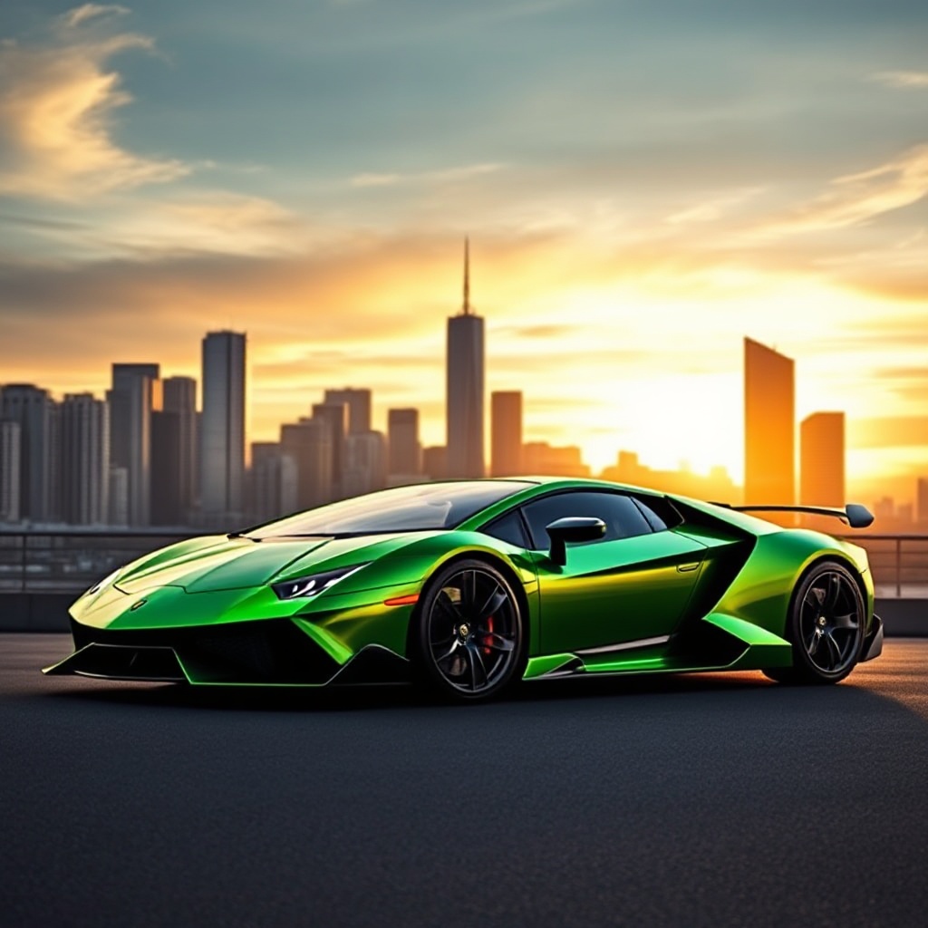 A striking metallic green Lamborghini Revuelto plug-in hybrid supercar photographed from a three-quarter front angle against a dramatic urban skyline at sunset