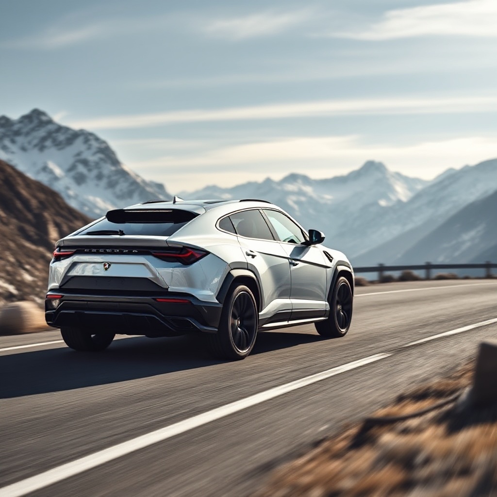 The Lamborghini Urus SE hybrid SUV in pearl white navigating a challenging mountain road with snow-capped peaks in the background