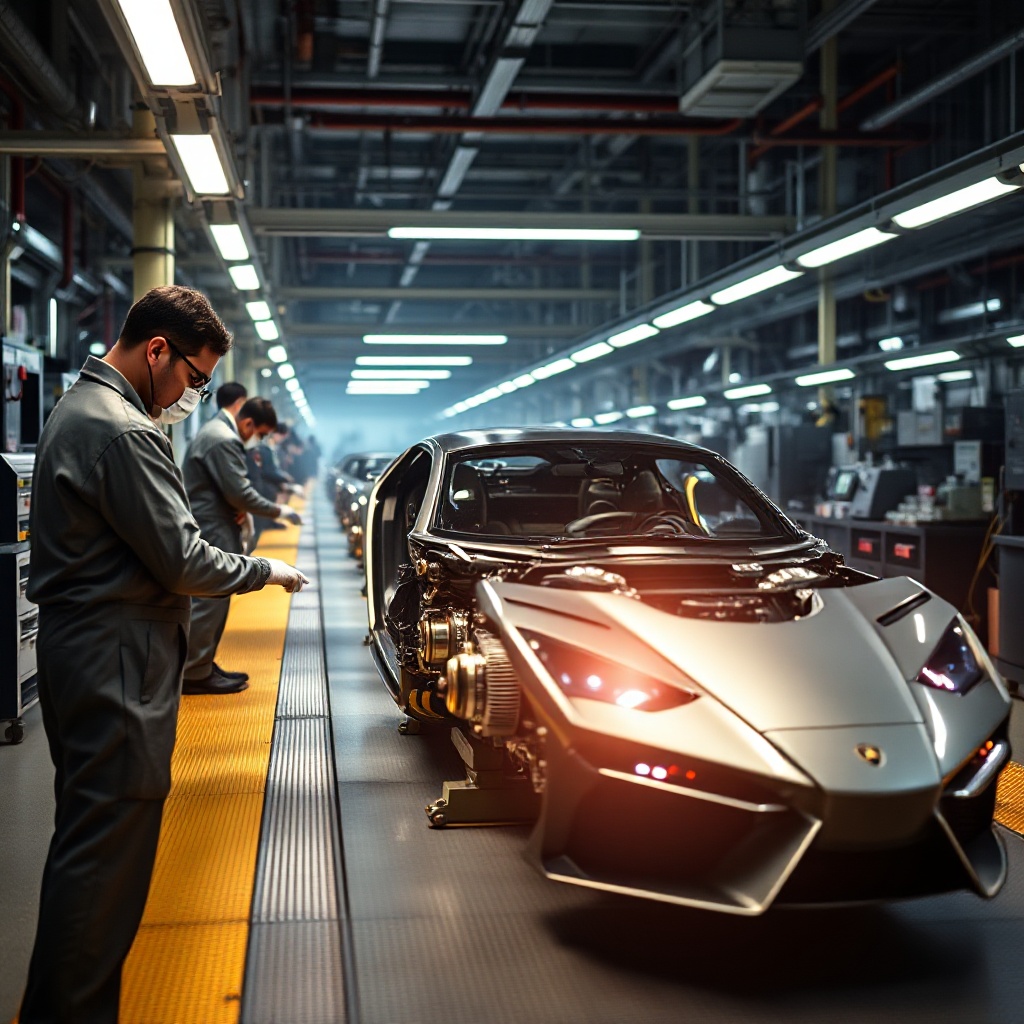 A production line at Lamborghini's Sant'Agata Bolognese factory showing technicians assembling the hybrid powertrain components of a Revuelto with dramatic lighting highlighting the advanced technology