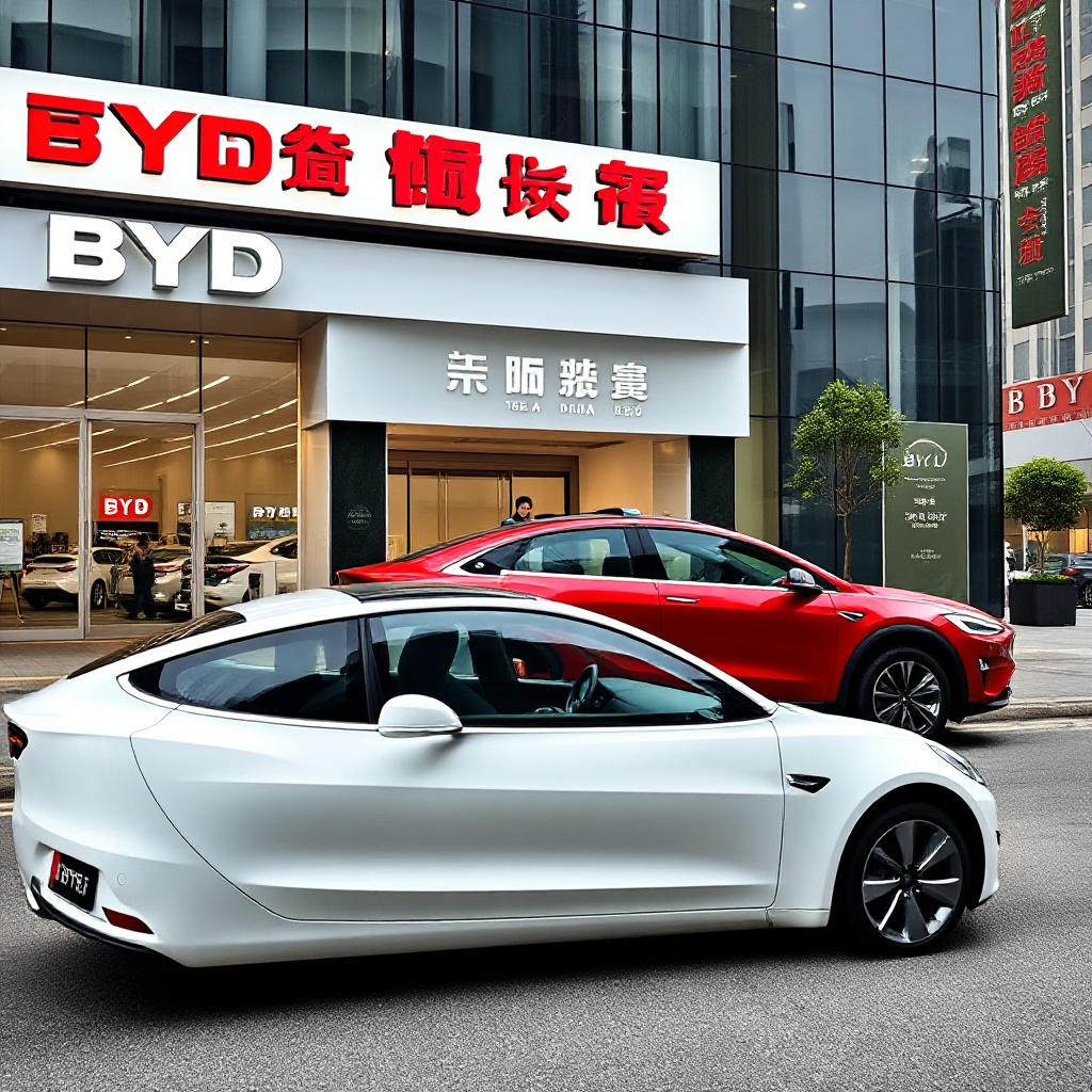 A Tesla Model 3 or Model Y in white or red color positioned in front of a BYD showroom in Shanghai, with Chinese language signage visible, symbolizing the competition between Western and Chinese EV manufacturers.