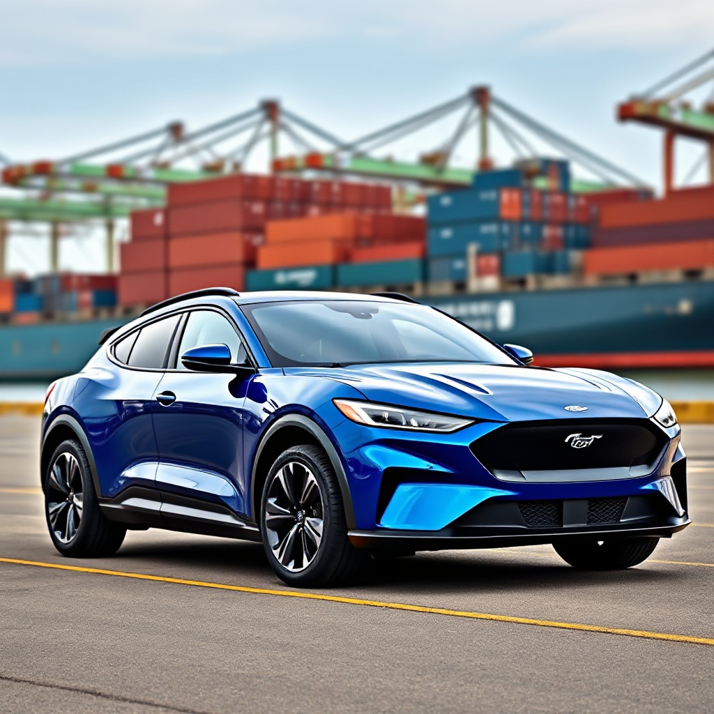 A sleek blue Ford Mustang Mach-E electric SUV parked in front of a shipping port with shipping containers and cargo ships visible in the background, symbolizing the intersection of automotive trade and tariffs.