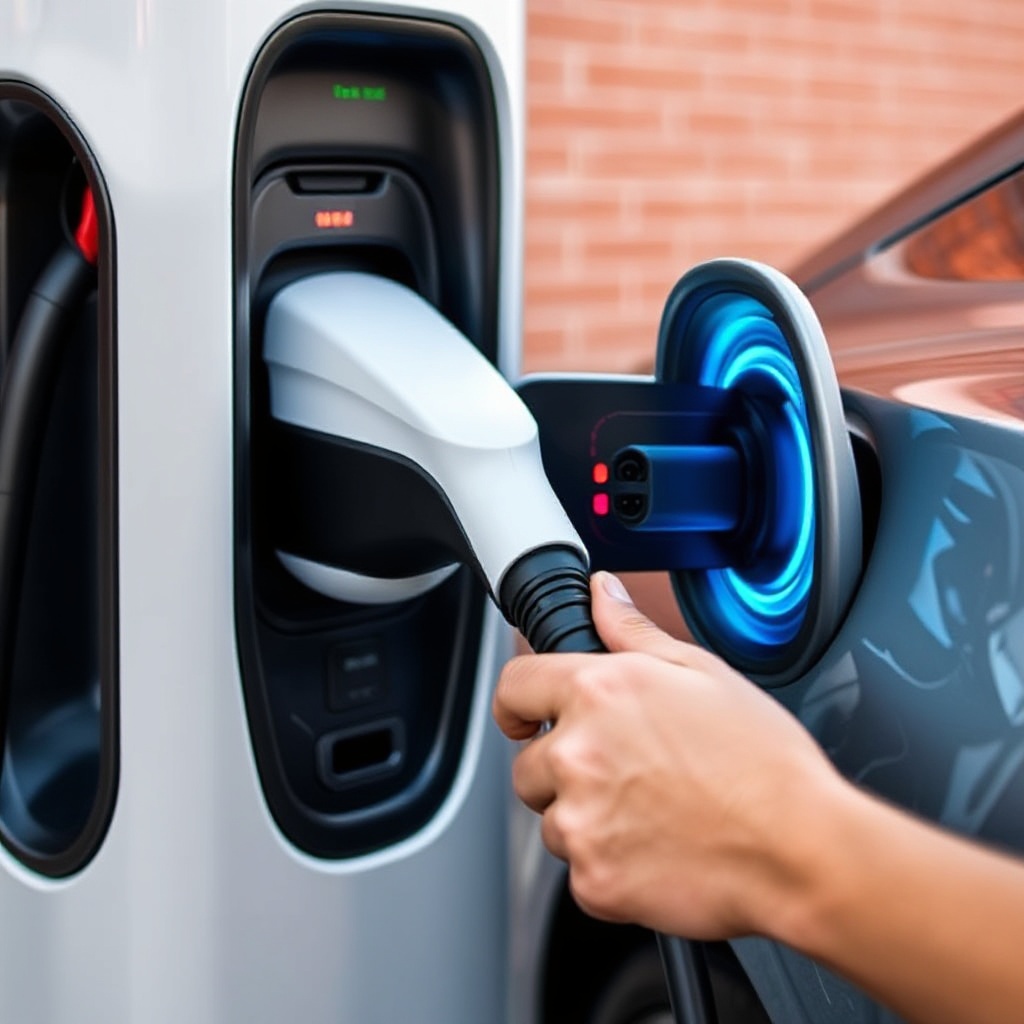 A close-up of the Lectron Vortex NACS-to-CCS adapter being plugged into a Tesla Supercharger, showing the physical connection between the adapter and charger