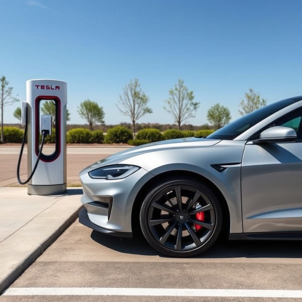 A non-Tesla electric vehicle (like a Ford Mustang Mach-E or Rivian R1T) charging at a Tesla Supercharger station with the adapter visible between the vehicle and charger