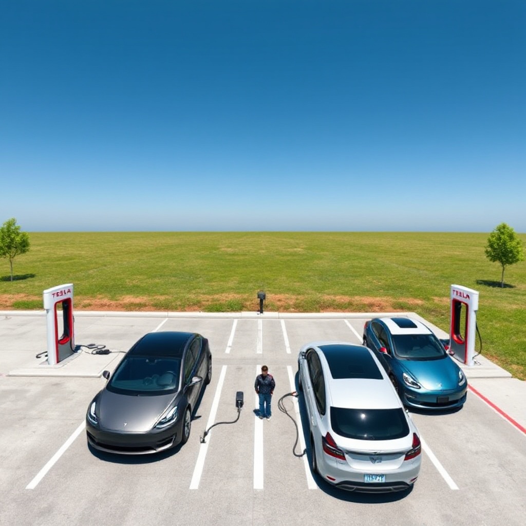 A wide-angle view of a Tesla Supercharger station with multiple non-Tesla vehicles charging alongside Tesla vehicles, demonstrating the new interoperability of EV charging infrastructure