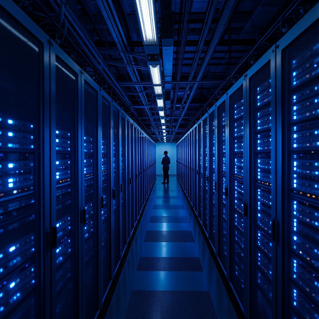 An aerial view of a modern data center with rows of server racks illuminated by blue lighting, representing Hyundai's HCloud deployment in Equinix facilities
