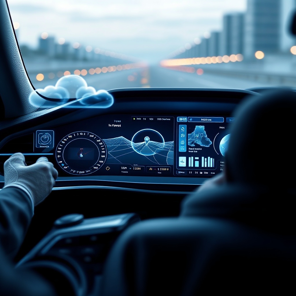 A futuristic connected car dashboard displaying real-time data and navigation with holographic interface elements, showing how the HCloud platform enhances the driver experience