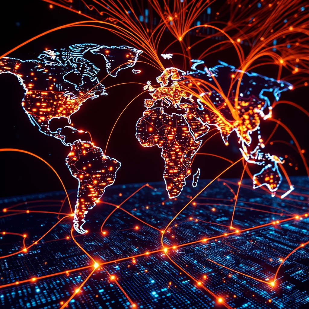 A visualization of global data flows with glowing lines connecting vehicles across continents to data centers, illustrating Hyundai's worldwide connected car ecosystem