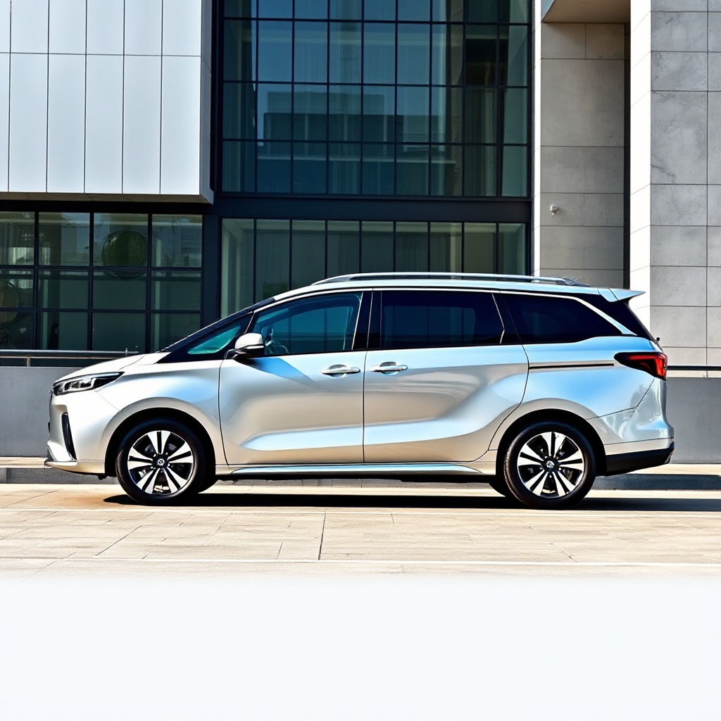 A sleek GAC M8 PHEV luxury MPV in metallic silver color, photographed from a three-quarter front angle showing its premium design features, parked in front of a modern urban backdrop.