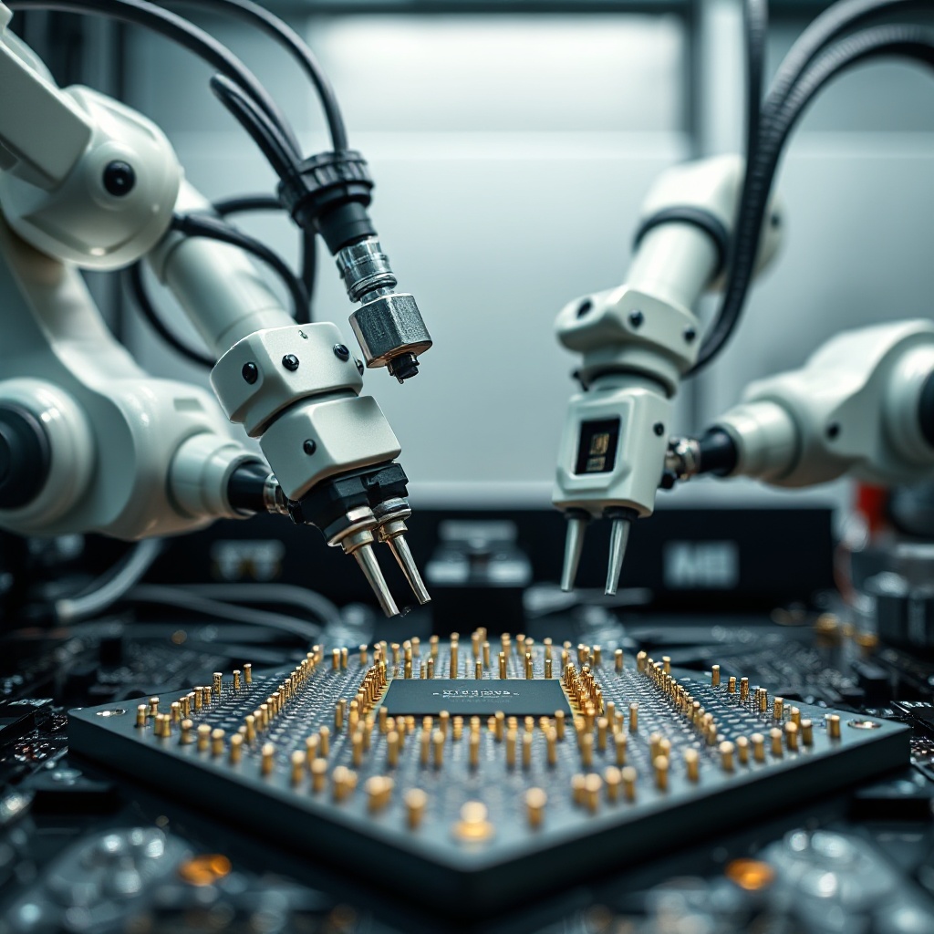 Close-up view of an advanced semiconductor testing equipment setup with robotic arms precisely positioning probes on a modern 2nm chip wafer, showing the scale and precision of next-generation testing technology